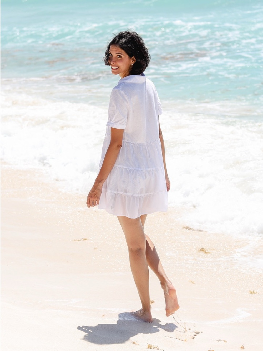 Zara Cream Button-Front Tiered Tunic Dress